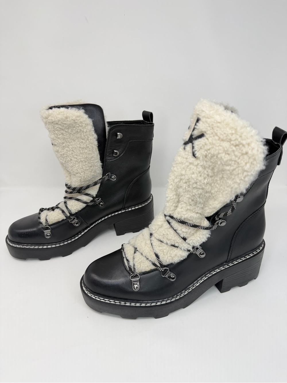 Calvin Klein Black Leather Lace-Up Ankle Boots with Cream Sherpa Trim